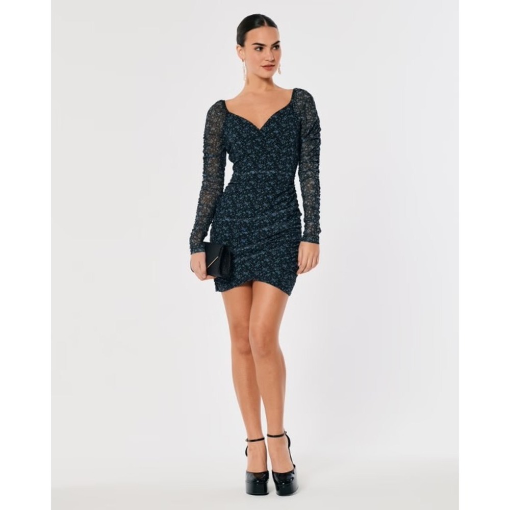 Hollister‎ Blue Floral Mesh Ruched Bodycon Mini Dress Size M